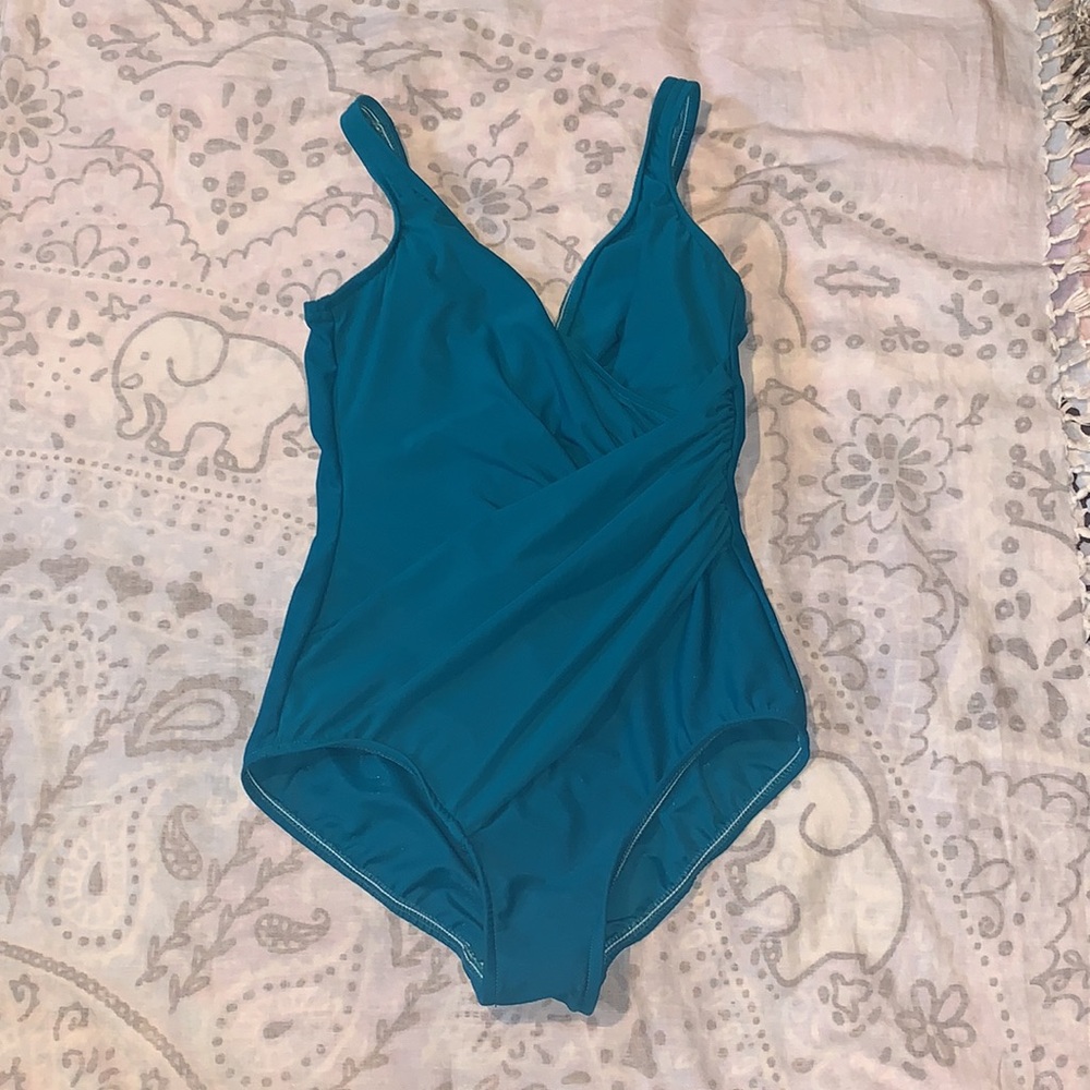 New Miraclesuit Ruched Wrap One Piece Swimsuit Blue Green Sz 10